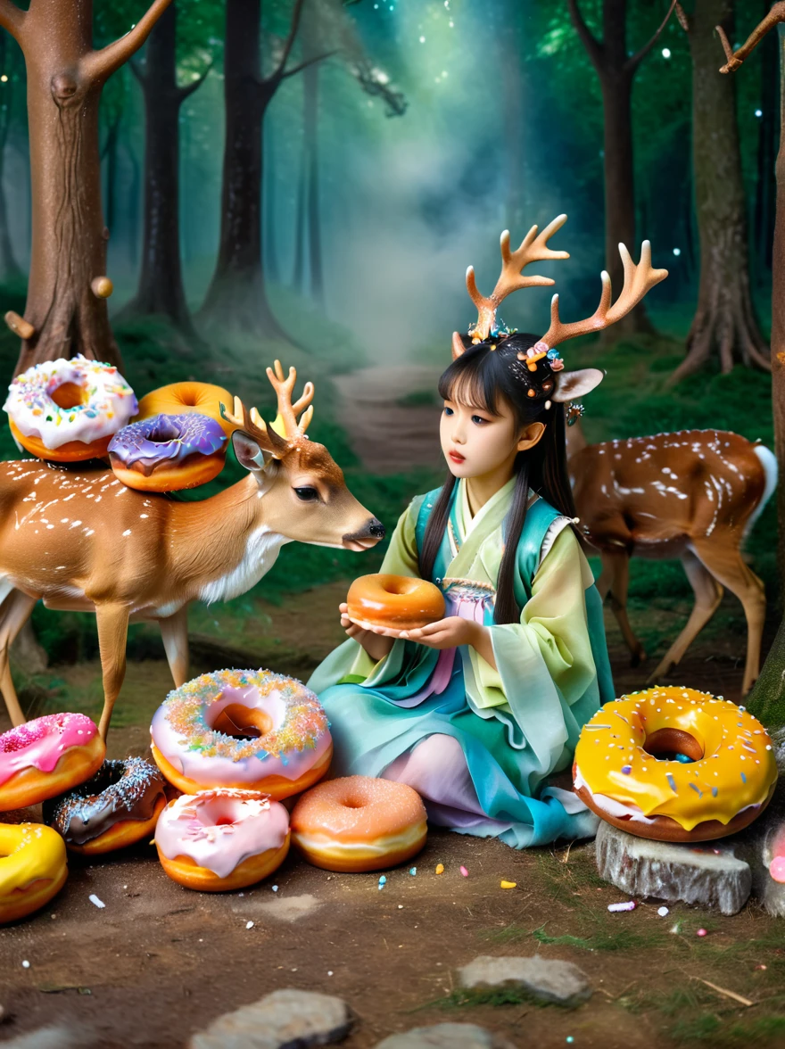 Surreal photos，Nine-Colored Deer Guardian，High-resolution photos，The beautiful nine-colored deer in mythology，A peaceful and dreamy scene，A  girl in Hanfu sits next to a mysterious nine-colored deer，(((Eating donuts)))，Donut crumbs fell on the ground，Bitten donut，Detailed donut eating action，The littleis very cute，Detailed facial details，The background is a magical forest full of spirituality，Create a soft and ethereal atmosphere。The overall composition is beautiful