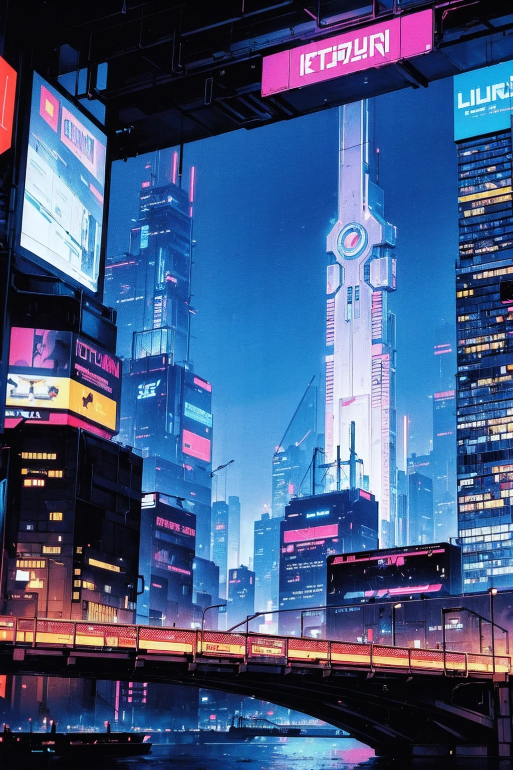 ((The Future of Cyberpunk)), Image of a cyberpunk city center, Surrounded by buildings、There is a river in the center, Ferries in the city, Yellow Ferry, Crossing the city, Advertising billboards everywhere, Retro-future