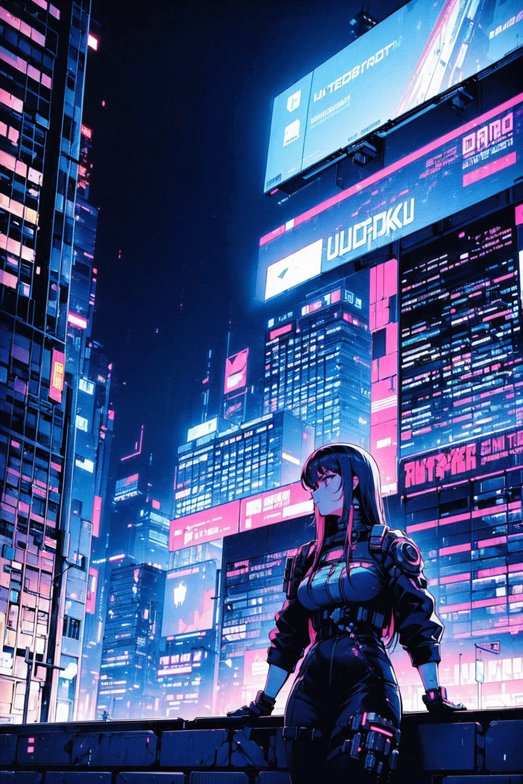 ((The Future of Cyberpunk)), Image of a cyberpunk city center, Surrounded by buildings、There is a river in the center, Ferries in the city, Yellow Ferry, Crossing the city, Advertising billboards everywhere, Retro-future