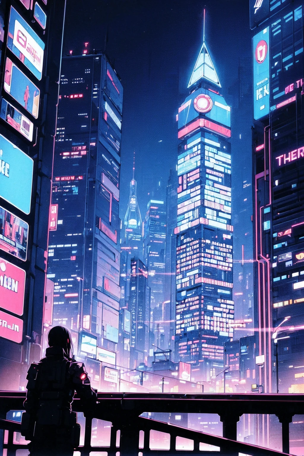 ((The Future of Cyberpunk)), Image of a cyberpunk city center, Surrounded by buildings、There is a river in the center, Ferries in the city, Yellow Ferry, Crossing the city, Advertising billboards everywhere, Retro-future