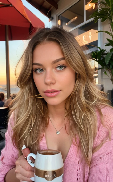 belle blonde portant un pull rose (sipping coffee in a modern cafe at sunset), very detailed, 21 ans, visage innocent, natural wavy hair, blue eye, high resolution, head of'artwork, best quality, intricate details, very detailed, sharpness, detailed skin, realistic skin texture, texture, detailed eyes, professionnel, 4K, charming smile, shot with 80mm camera, Grand fond de photo, photo turns the head slightly beautiful, kodak vision color mouse, corps parfaitement ajusté, extremely detailed, Photo_\(ultra\), photorealistic, realistic, Post-traitement, maximum detail, roughness, real life, ultra realistic, photorealism, la photographie, 8k uh, la photographie