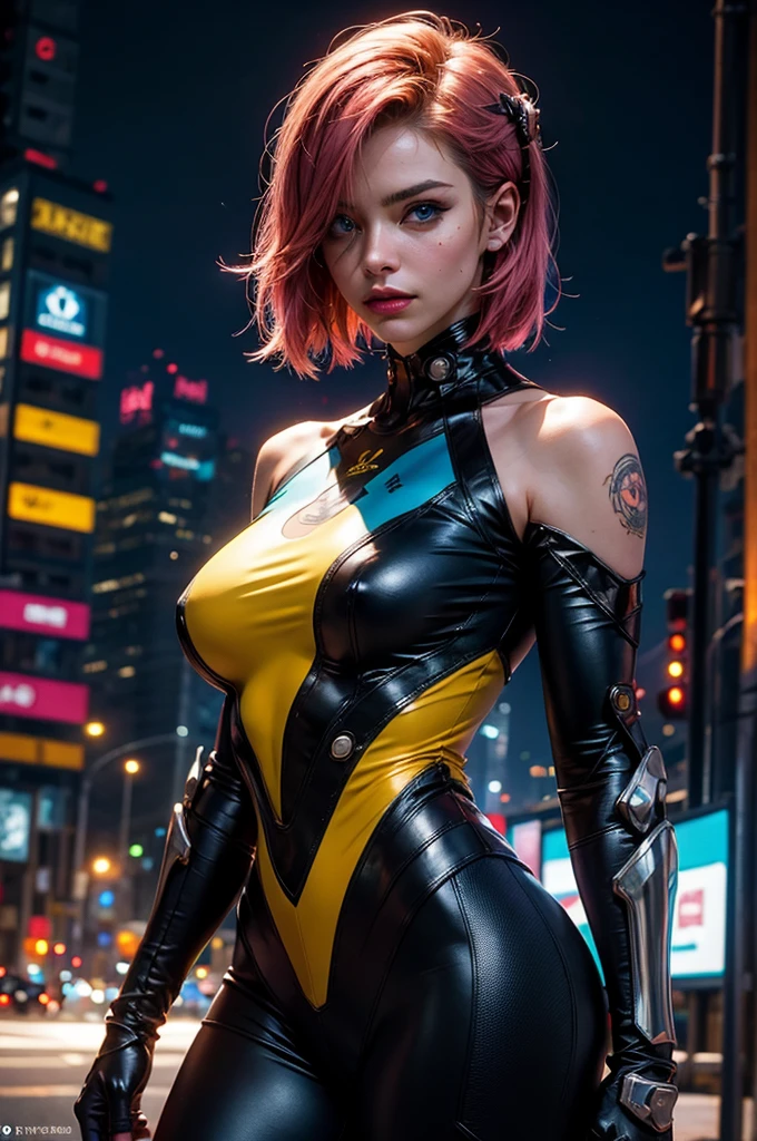 "tema escuro :: closeup foco facial, ultra realista futurista cyberpunk :: :: iluminação natural :: Bokeh :: 8K :: melhor qualidade :: obra de arte :: fundo de paisagem urbana futurista, Fake body and , Mature woman in metal rising revengeance body details, foto de busto, big pink hair, shining blue eyes, wearing a mustard yellow jumpsuit, breasts big, looking 35 years old, eye on the spectator, Look to the camera, , the background is a cyberpunk city, revegeance expression, foco no rosto, de frente, foco no busto, riaden armor of metal gear rising, busty woman, eyeshield
"