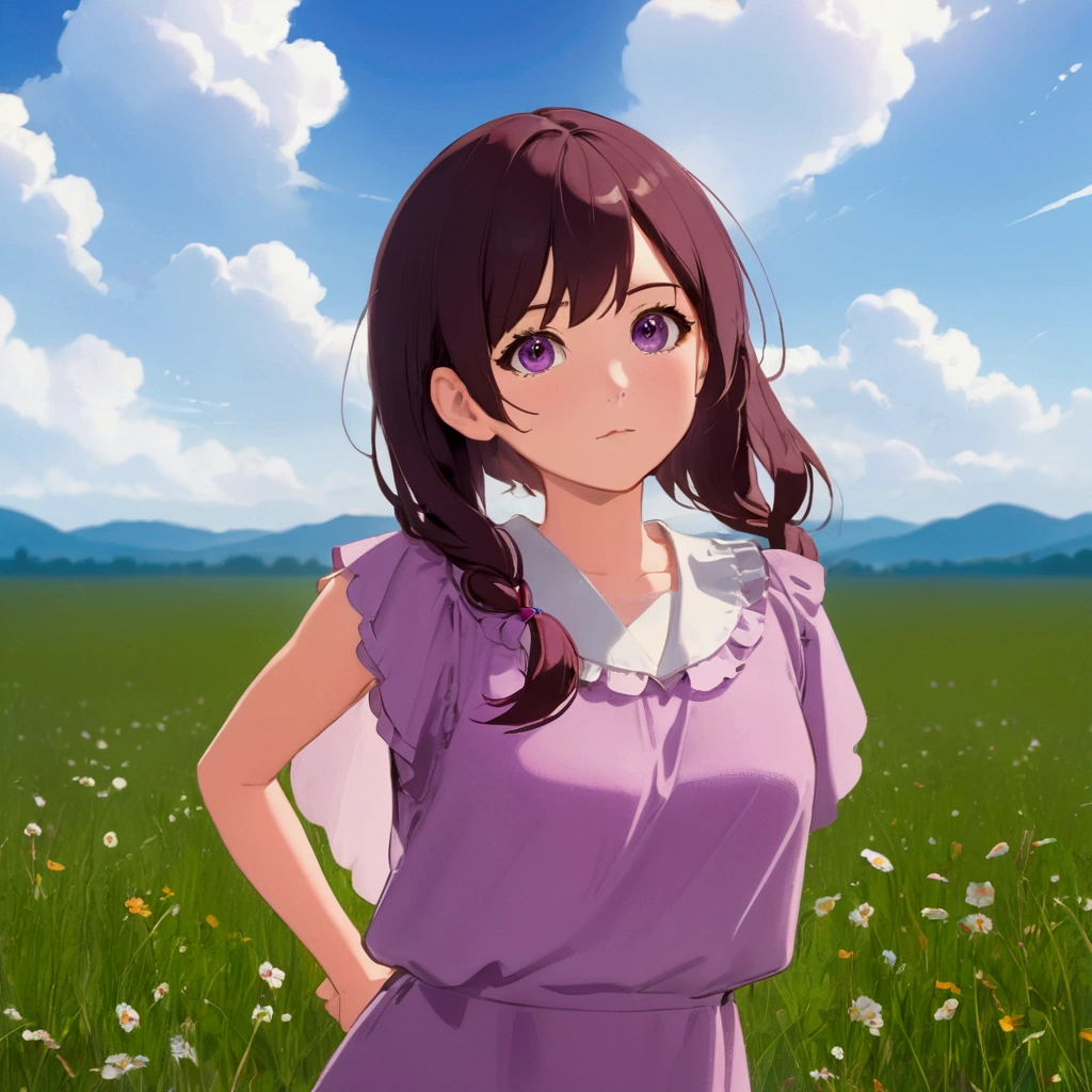 Anime girl in purple dress standing on a meadow, Smooth anime CG art, April Rendering, Makoto Shinkai. Digital Rendering, Another Iwakura, Visual Novel CG, Anime Moe Art Style, Inspired by Hisui Sugiura, Photorealistic anime girl rendering, Cute 3D anime girl render, Realistic Anime 3D Style