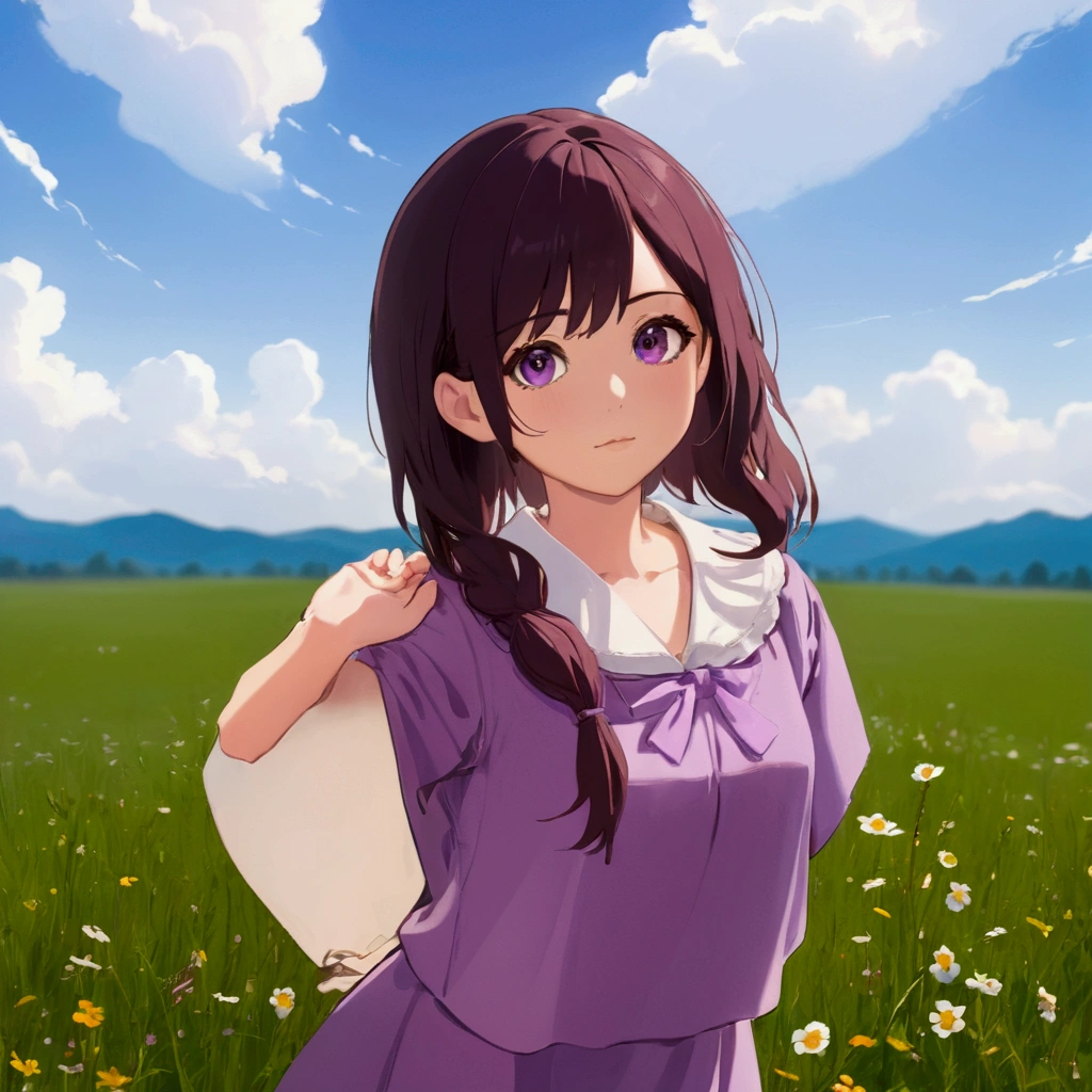 Anime girl in purple dress standing on a meadow, Smooth anime CG art, April Rendering, Makoto Shinkai. Digital Rendering, Another Iwakura, Visual Novel CG, Anime Moe Art Style, Inspired by Hisui Sugiura, Photorealistic anime girl rendering, Cute 3D anime girl render, Realistic Anime 3D Style