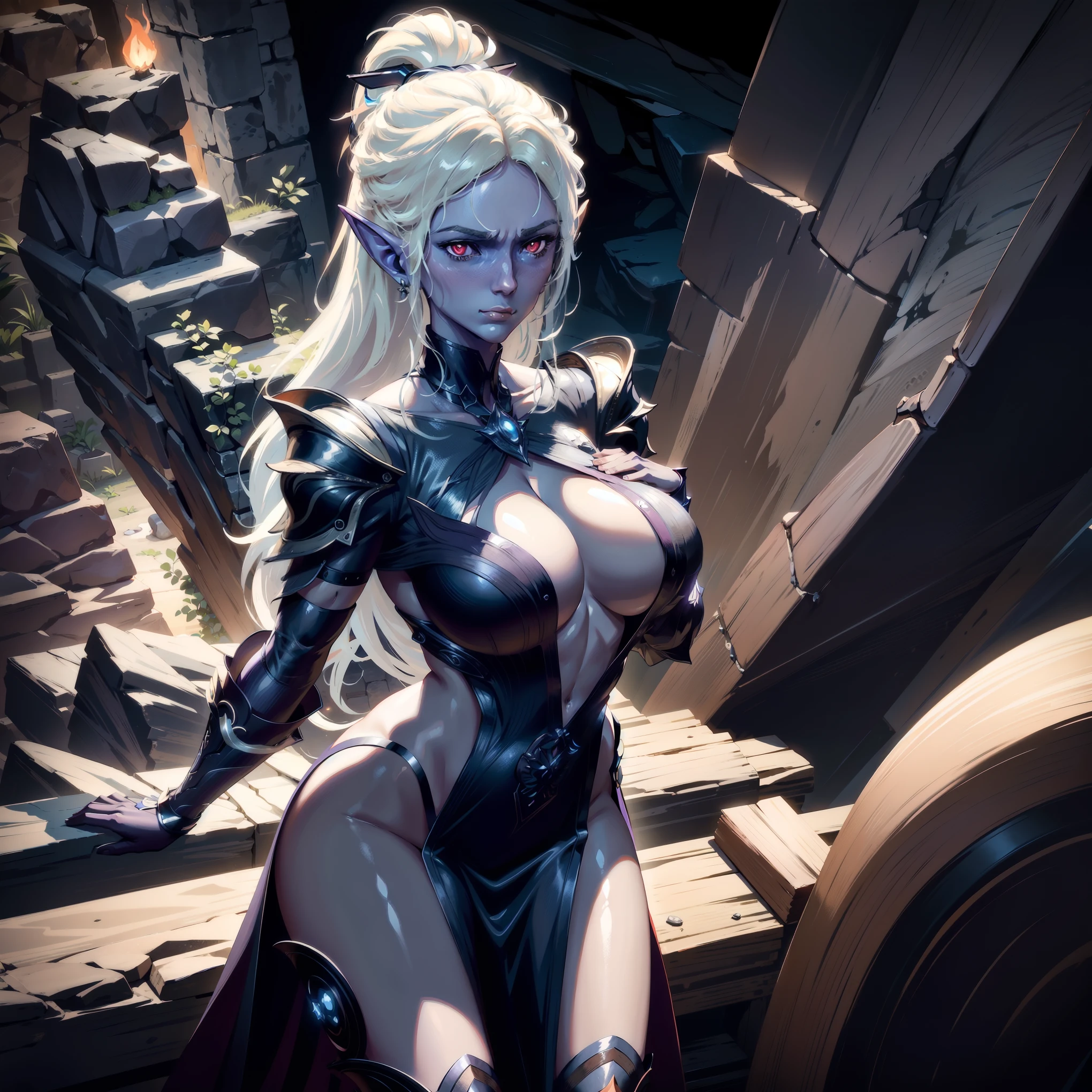 Mintara, a stunningly alluring Milf, stands confidently in a dimly lit dark cave, her big breasts straining against the assassin's armor. Her wide hips and grey long hair create a striking silhouette as she gazes out with piercing red eyes. The dark purple hue of her skin seems to absorb the flickering torchlight that lines the stone walls, creating an air of mystique. Framed in high definition (HD) or 8k, Mintara exudes power and sophistication. Highly
