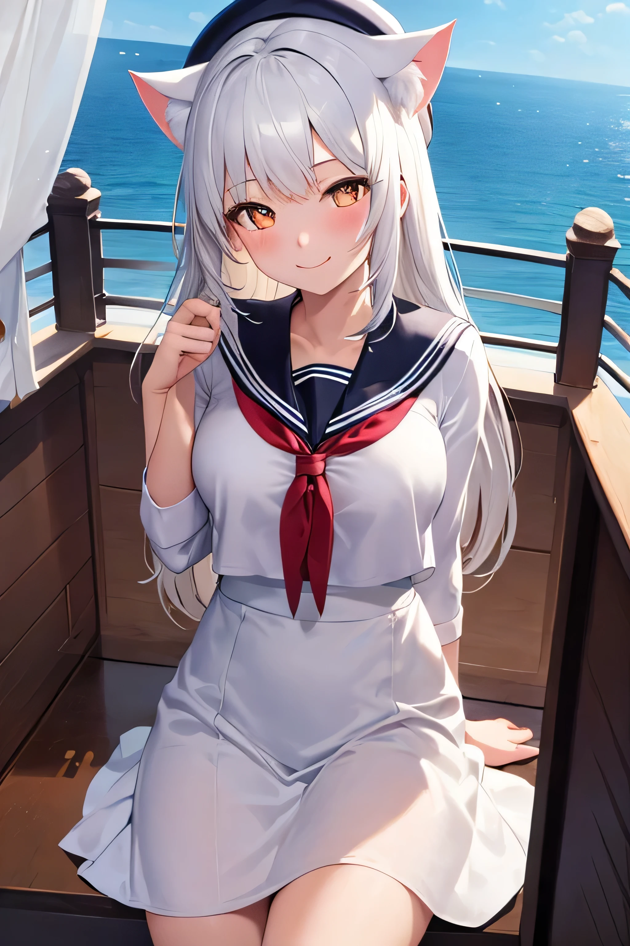 ((best quality)), ((masterpiece)), (detailed), 1girl, cat girl, look at viewer, light blush, smile, wears white sailor uniform with dress, white hair, white tail, wears sailor hat, on the ship