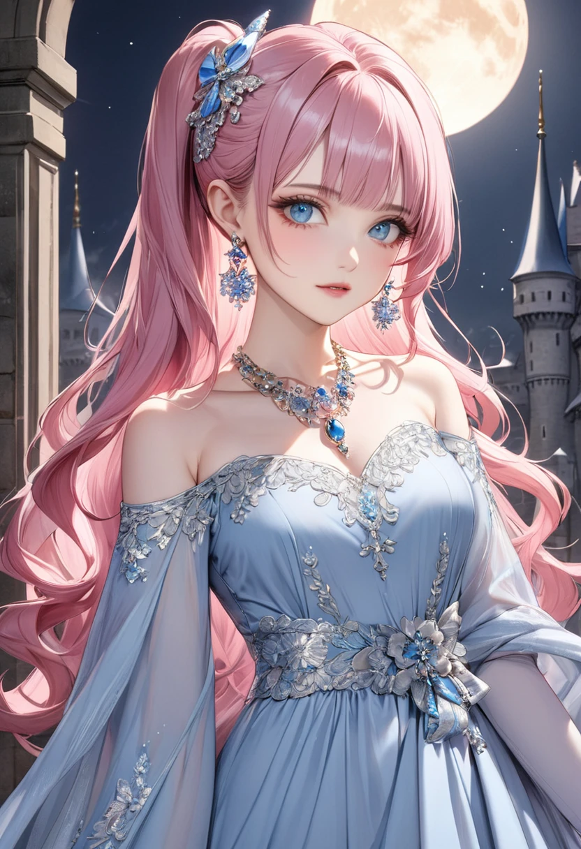 1 female　Pink ponytail　Pink eyebrows　Dull light blue eyes　Socialite debut　A light blue long dress with silver embroidery　Inside the castle　full moon 　hair ornaments　Gorgeous necklace with matching earrings　Silver waist