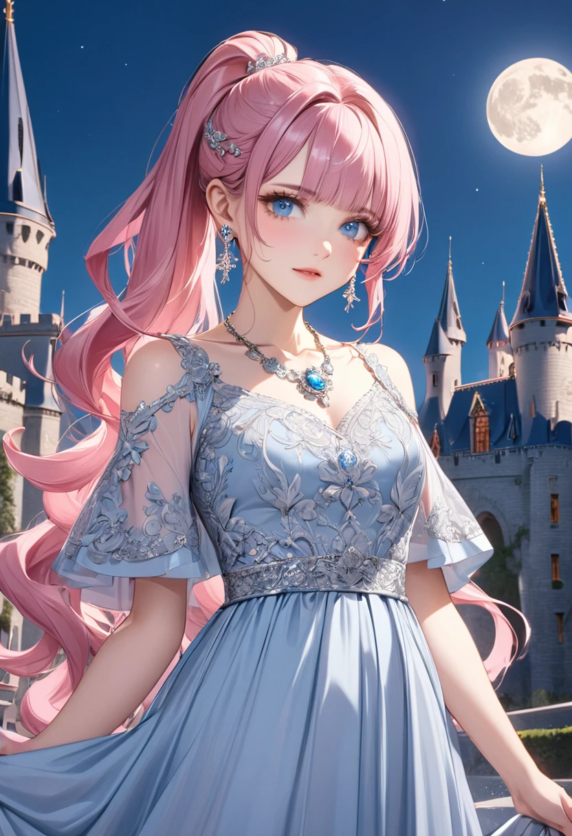 1 female　Pink ponytail　Pink eyebrows　Dull light blue eyes　Socialite debut　A light blue long dress with silver embroidery　Inside the castle　full moon 　hair ornaments　Gorgeous necklace with matching earrings　Silver waist