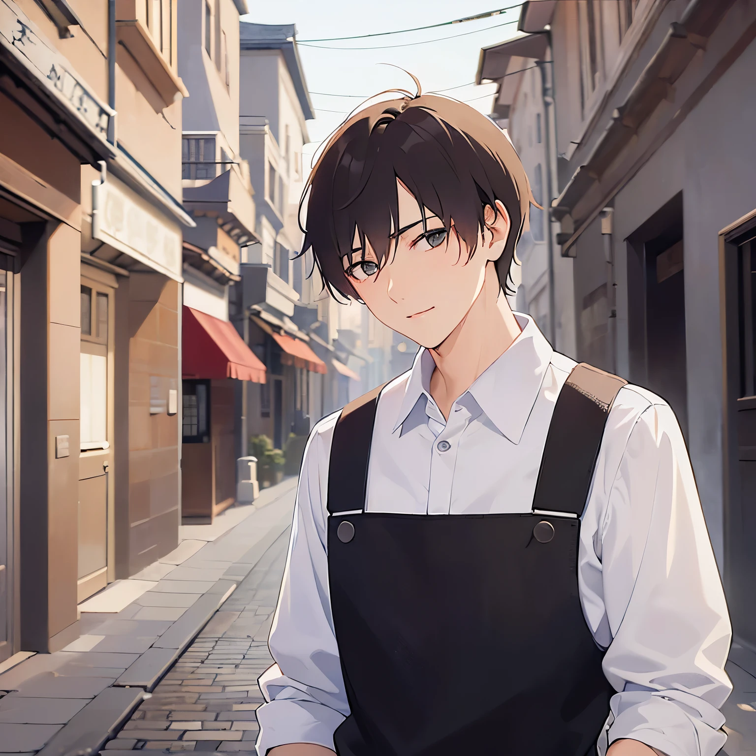 (looking away:1.5),head tilt,Leaning forward、
masterpiece、Highest quality、
BREAK (25-year-old male:1.5) and (Mahogany brown short hair) and (Green Eyes)
BREAK (white collared shirt) 、apron、
smile,The background is a back alley at night、(Night Sky:1.5)、alone