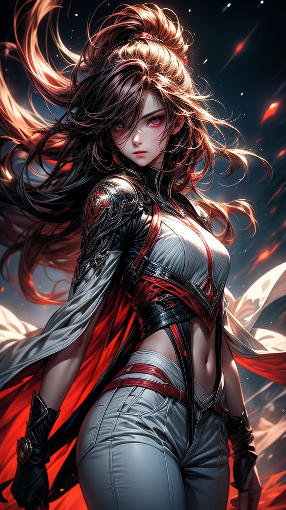 Masterpiece, best quality, high resolution, highly detailed, ung girl ( teen 18 years old), young beautiful face, red hair ( light in the hair), red eyes ( glowing eyes ), cold expression ( cold look ), wearing white and white clothes and pants, , surrounded by the splendors of the universe, pay attention to stunning details, and achieve a resolution of k, floating in a dynamic pose, high quality, with a majestic red aura of authority. Red aura emanating from the character, cold look, devoid of any emotion, dark background, detailed eyes, detailed face, beautiful,