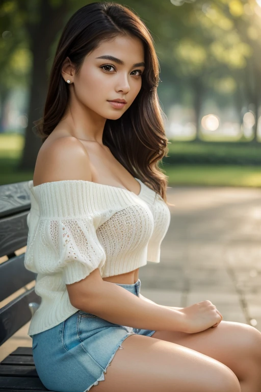 (Masterpiece, best quality, photorealistic, highres, professional photography, :1.4), close-up shot, sharp focus, (1 girl, Anna Sawai), perfect hands and fingers, realistic skin, boyish body shape, small breasts, cleavage, (stylish hairstyle, extremely detailed hair), delicate sexy face, playful gaze, glossy lips, ((shorts, off-shoulder cropped sweater)), sitting crossed legs on bench, in park, fashion photograph, film, bokeh, ((soft illumination, highly detailed, realistic, super realistic, realism, realistic detail))