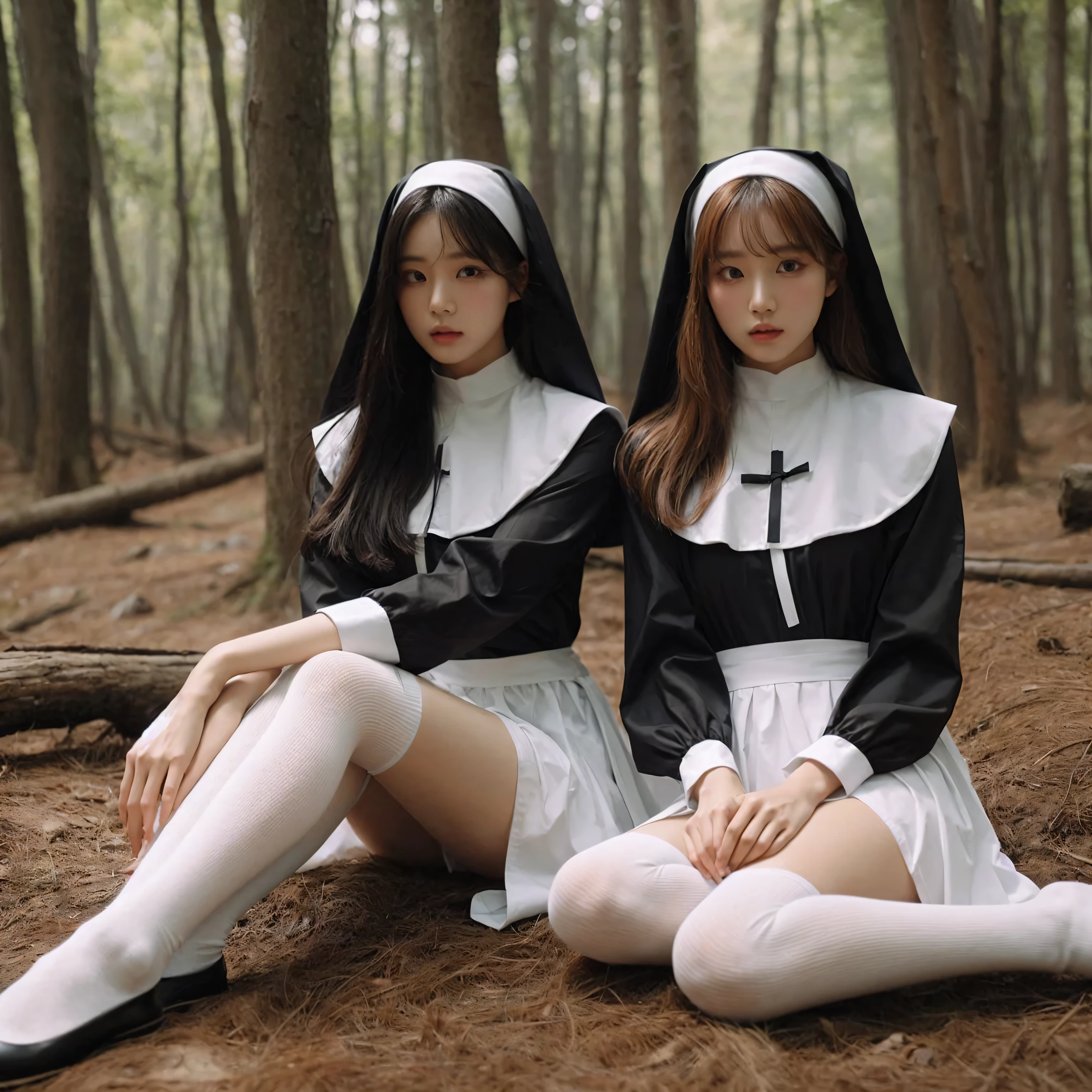 In this striking image, two young korean woman dressed in a blend of modern and traditional attire are positioned in a forested setting. They wear black and white outfits reminiscent of nun habits, but with a contemporary twist, including white thigh-high stockings and unique accessories. The scene is ethereal, with muted natural colors and a serene, almost mystical ambiance. hyper realistic. detailed face