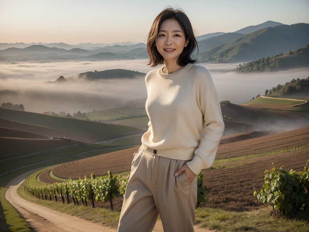 portrait、8k、high quality、realistic photo image、49 year old Korean woman, a chaste woman, Wrinkles around the eyes, Slender and beautiful woman, Reproduce natural and realistic eyes、beautiful black hair, short medium hair、mild anger、Composition of the Golden Ratio、laugh、High-end luxury brand clothing, beige casual pants 、france countryside dawn, thick fog in may, Endless vineyard, standing on a foggy hill, A cathedral can be seen far away in the fog.. 1 woman, beige casual pants, Canon 16-35 wide angle lens shot, 1 woman