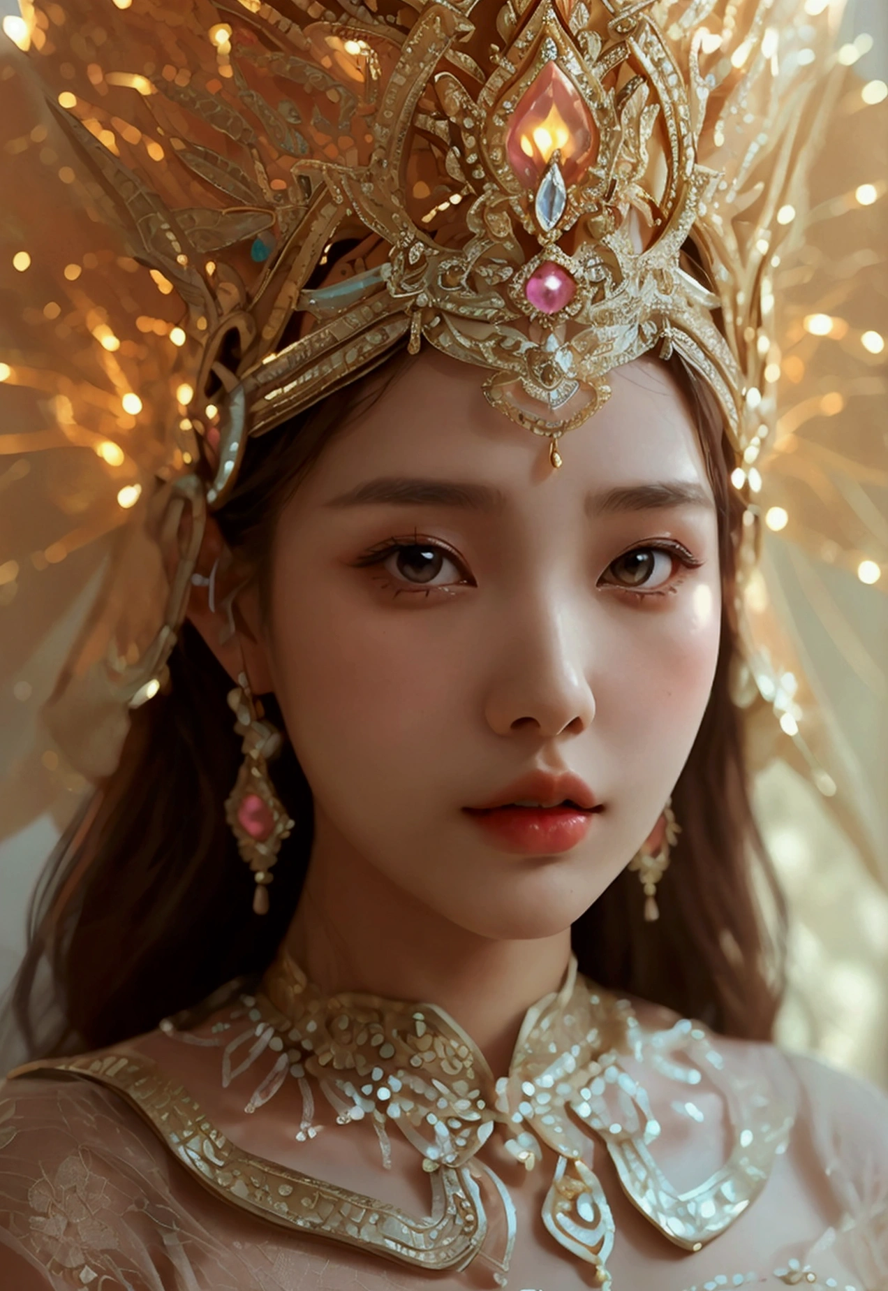Create an image of a beautiful woman wearing a sexy Thai princess outfit., The see-through fabric is so thin that the wearer's nipples and skin can be seen., She can spread her legs wide to show off her genitals., She has a slim face., sharp eyes, long hair, responsive face, high nose, and thin lips, Her breasts are 32 inches long with pink nipples., Her waist is 24 inches., Her hips are 33 inches., Her skin was bright and white., She has light brown hair., And her figure was slim and slightly muscular..
