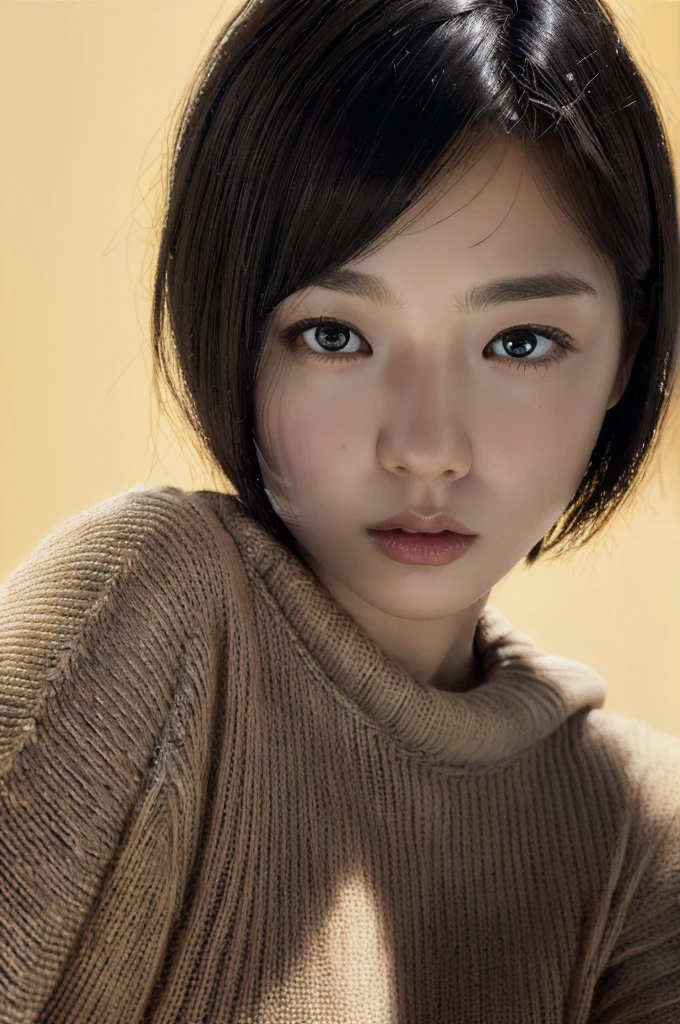 Masterpiece: 1.3), (8k, photorealistic, RAW photo, top quality: 1.4), (1girl), beautiful face, (realistic face), (black hair, short hair: 1.3), beautiful hairstyle, realistic eyes, beautiful detail eyes, (realistic skin), beautiful skin, (sweater), absurd, attractive, ultra high resolution, ultra realistic, high definition, golden ratio