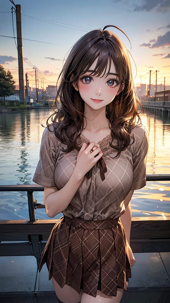 (masterpiece:1.2, Highest quality), (Realistic, photoRealistic:1.4), Beautiful illustrations, (Natural Side Lighting, Cinema Lighting), Browsing Caution,
View your viewers, Cowboy Shot, Front view:0.6, 1 girl, Japanese, high school girl, Perfect Face, cute and symmetrical face, Glowing Skin,
(Mid-length hair:0.7, Wavy Hair:1.2, Light brown hair), Pin your bangs back, Ahoge, blue eyes, Long eyelashes, (Large Breasts:0.8, Captivating thighs),
Beautiful Hair, Beautiful Face, Beautiful attention to detail, Beautiful clavicle, Beautiful body, Beautiful breasts, Beautiful thighs, Beautiful feet, Beautiful fingers,
((Detailed cloth texture, short sleeves cute low umber color plain pattern blouse, Brown ribbon argyle check skirt, socks, Brown Loafers)),
(Beautiful views), evening, River side, Are standing, (cute, Cute smile, Upward glance),