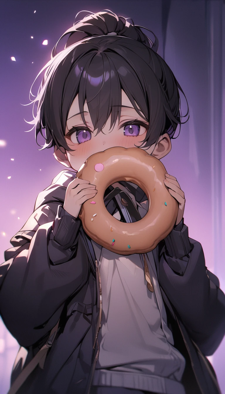 (masterpiece,best quality,beautiful and aesthetic:1.2),(high detailed skin:1.2),8k uhd,dslr,soft lighting,high quality,film grain,((1boy,male)),doughnut,food,solo,ponytail,fruit,sleeveless,holding,bow,holding food,purple background,jacket,8-year-old boy,little boy,kids,child,loli,