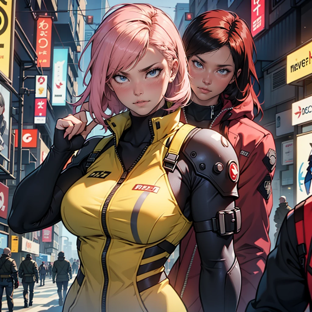 Fake body and , Mature woman in metal rising revengeance body details, foto de busto, big pink hair, shining blue eyes, wearing a mustard yellow jumpsuit, breasts big, looking 35 years old, eye on the spectator, Look to the camera, , the background is a cyberpunk city, revegeance expression, foco no rosto, de frente, foco no busto, riaden armor of metal gear rising, busty woman, eyeshield
