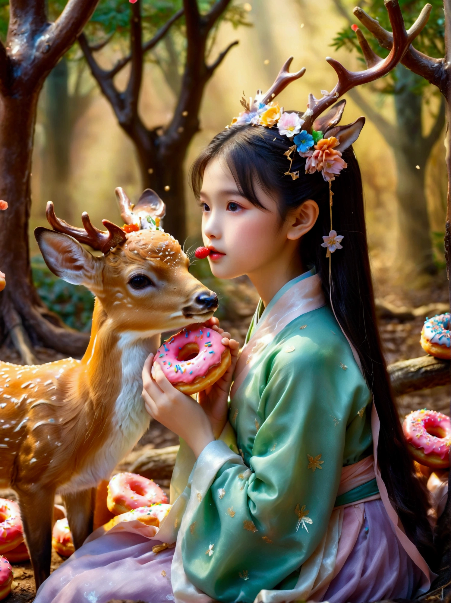 Surreal photos，Nine-Colored Deer Guardian，High-resolution photos，The beautiful nine-colored deer in mythology，A peaceful and dreamy scene，A  girl in Hanfu sits next to a mysterious nine-colored deer，(((Eating donuts)))，Donut crumbs fell on the ground，Bitten donut，Detailed donut eating action，The littleis very cute，Detailed facial details，The background is a magical forest full of spirituality，Create a soft and ethereal atmosphere。The overall composition is beautiful