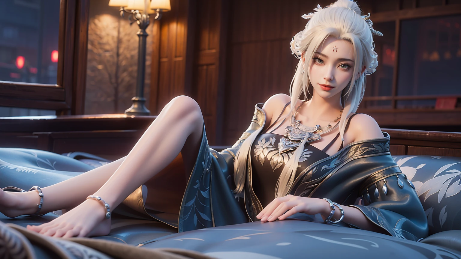 A beautiful young woman,Wearing pajamas,Lying on the bed,barefoot,Wearing a dress,Lie flat on your bed,Cross-legged,Full body shot,(Best picture quality,4K,8k,high-definition,excellent work:1.2),Ultra Detail,Delicate eyes,Delicate lips,Extremely detailed face and eyes,Long eyelashes,Natural light,Warm colors,Soft Focus,Chiaroscuro,Deep scene