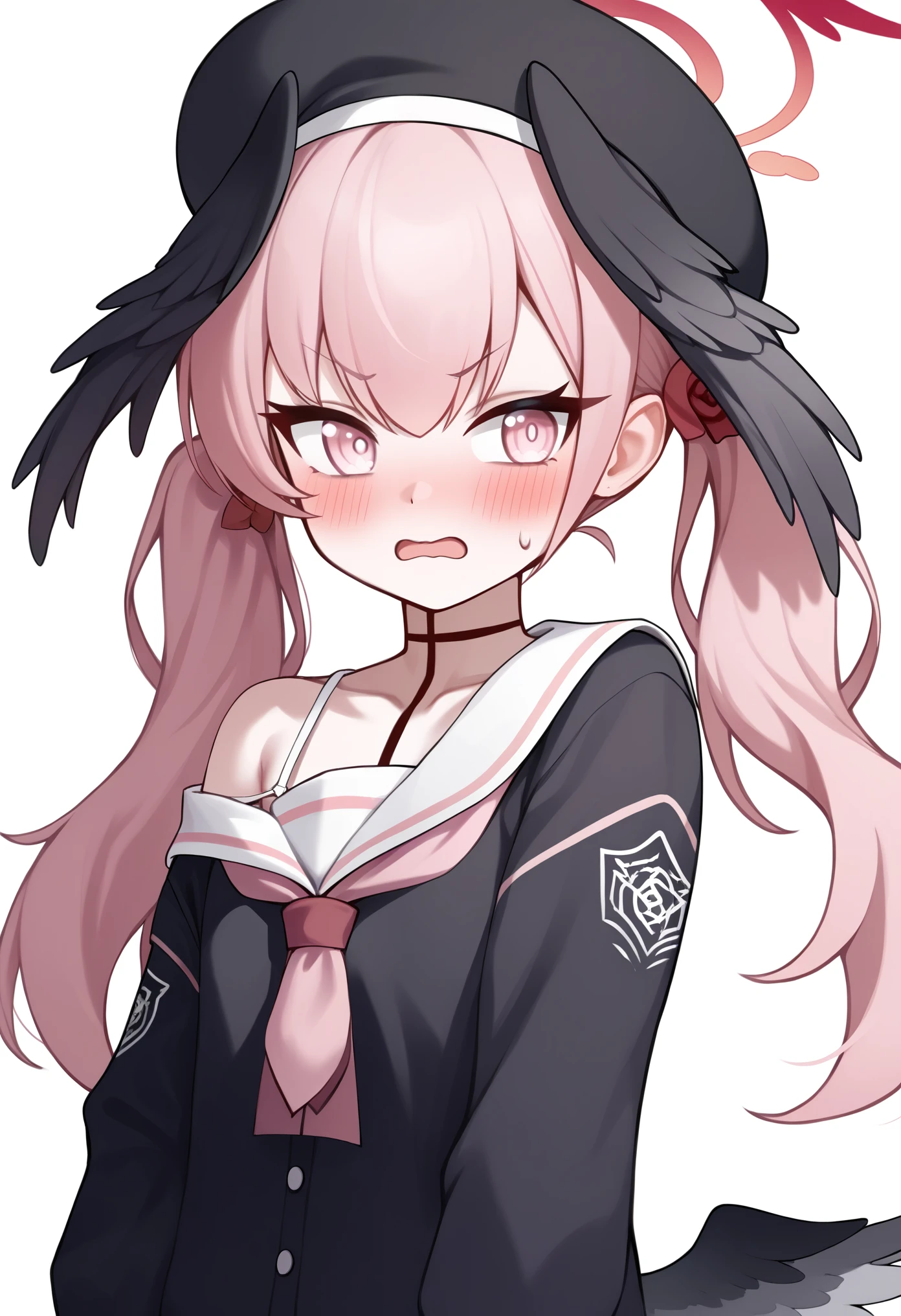 score_9,score_8_up,score_7_up,1girl, absurdres, beret, black_cardigan, black_hat, black_wings, blush, body_markings, collarbone, commentary_request, feathered_wings, furrowed_brow, hand_on_own_chest, head_wings, highres, holding_book, koharu_\(blue_archive\), long_hair, looking_at_viewer, looking_to_the_side, low_wings, open_mouth, outstretched_arm, pink_eyes, pink_hair, pink_neckerchief, pointing_at_viewer, red_halo, sidelocks, sideways_glance, simple_background, single_bare_shoulder, single_off_shoulder, sleeves_past_wrists, small_sweatdrop, solo, spaghetti_strap, thick_eyelashes, three_quarter_view, twintails, upper_body, v-shaped_eyebrows, white_background, white_sailor_collar
