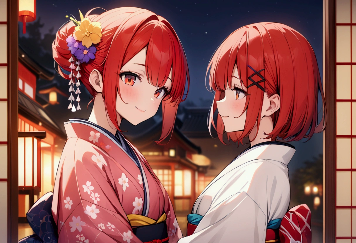 short hair, (Red hair:1.2), x Hair ornament, Red eyes,girl,One person,kimono, Highest quality, masterpiece, High resolution,night、Japan、Japanese style、smile