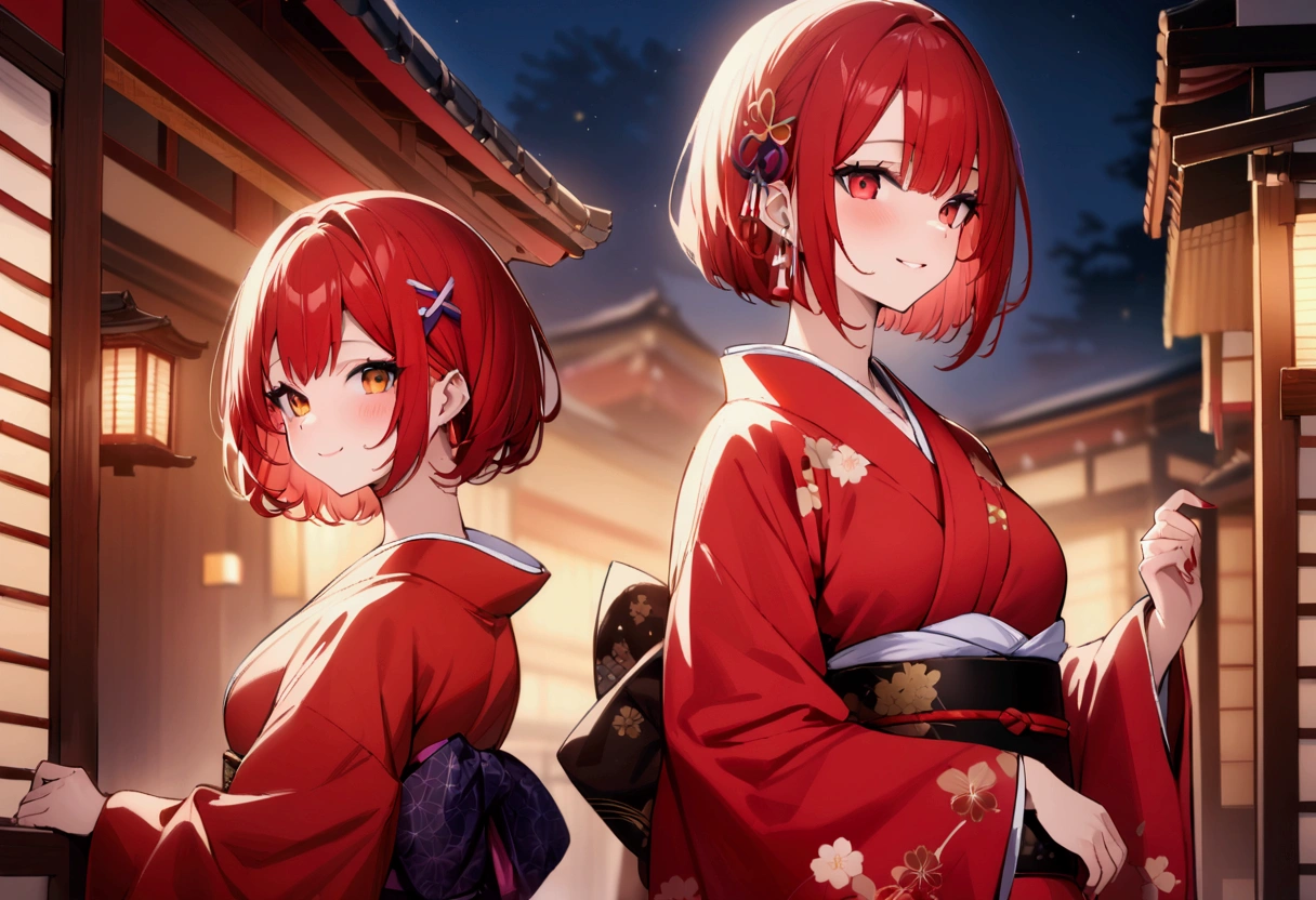short hair, (Red hair:1.2), x Hair ornament, Red eyes,girl,One person,kimono, Highest quality, masterpiece, High resolution,night、Japan、Japanese style、smile