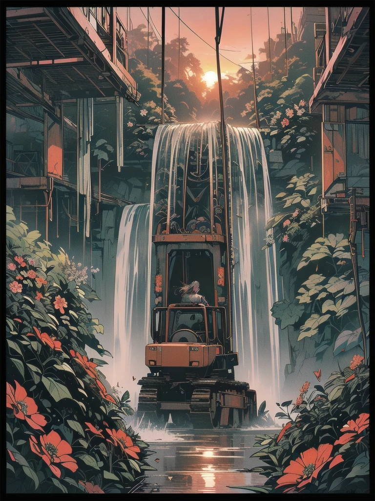 Detailed Machinery、Abandoned Factory、Atrium、(((Black Flower Garden)))、(((Rusty heavy equipment)))、Gorgeous light leaks、(((sunset)))、fog、Detailed Background、Highest quality、(((No humans)))、Broken heavy machinery、Complex heavy machinery、Faint lighting、(((Fluttering black petals)))、sunset、(((Dull colors)))、(((Rusty heavy equipmentの詳細)))、(((Many black flowers flutter down)))、(((Heavy machinery covered with flowers)))、(((Lots of butterflies)))、(((Abandoned garage)))、(((Waterfall from the ceiling)))、(((Heavy machinery falls off a waterfall))))、(((Red sunset)))