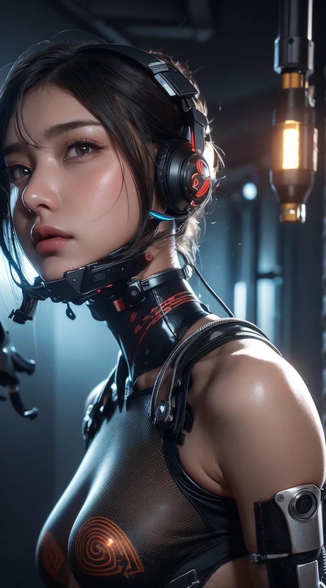 1. Machine Girl,((Ultra-Realistic Details)), Portraiture, Global Illumination, Shadow, Octane Rendering, 8k, Ultra Sharp,Metal,Complex, Decorations detailed, Cool colors, More about Egypt, highly Complex details, Realistic Light, Trending on CGSociety, Glowing Eyes, To the camera, Neon Details, Mechanical limbs,Blood vessels connected to tubes,Mechanical vertebrae attached to the back,Cervical vertebrae mechanically attached to the neck,Sitting,Wires and cables connecting to the head