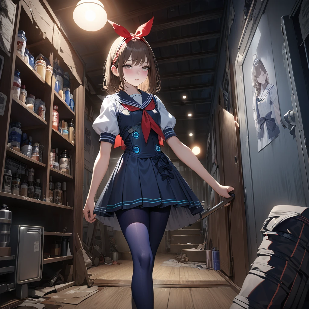 (Highest quality,4K,High resolution),Very detailed,Realistic, Japanese , Long brown hair,mysterious, Ecomodernism, Bokeh, Ribbon Headband,Small breasts,Futuristic Sailor Lolita Dress,Puff sleeves,White and blue,Colorful lighting, Red ribbon, Dark blue pantyhose,Sports boots, Have a flashlight, Walking alone through a haunted abandoned house, At night, Low Light, darkness, Very detailed, 4K. Blue tights, Skirt flipped up