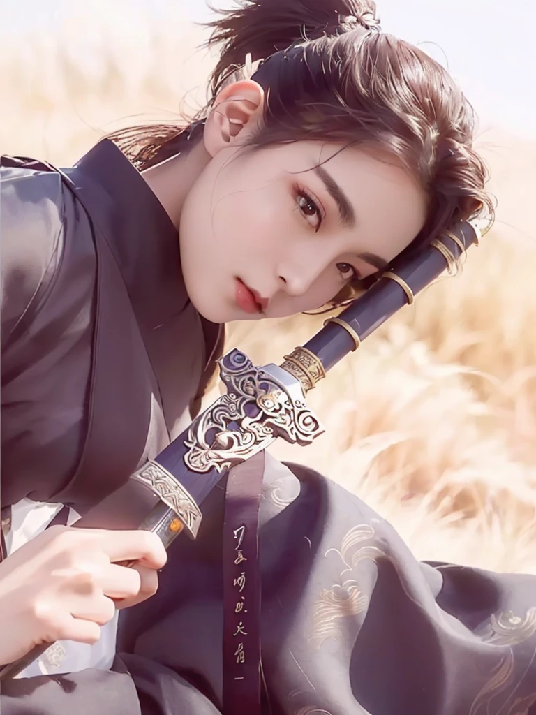 arafed asian woman holding a sword in a field, Cai Xu Kun, ornate korean polearm behind her, inspired by Zhu Derun, inspired by Yun Du-seo, Inspired by Zhang Han, inspired by Zhang Yan, she is holding a katana sword, portrait, inspired by Wu Bin, by Yang J, with big sword