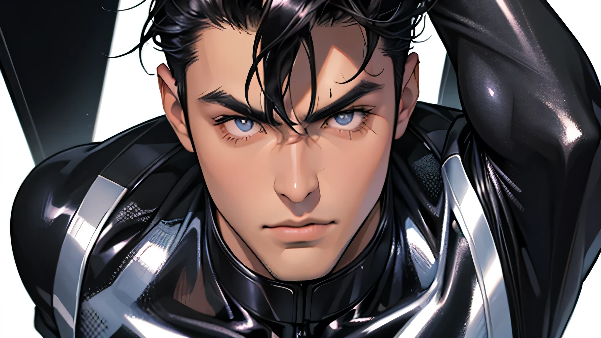Face close-up　Handsome　　Japanese male handsome model　Black Hair　　Short cut　　G-I-A-CUT　looking at the camera　Shiny full-body silver suit　　　Shiny silver latex suit　　Fierce face　　Face close-up　Handsome　　future　Metal Body　　 grim stare　　gaze
