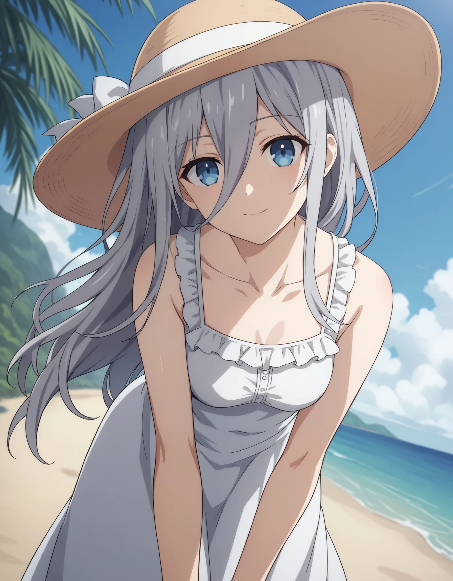 score_9, score_8_up, score_7_up, source_anime, reinamurasame,  reina murasame, long hair, blue eyes, grey hair, hair between eyes, hat, dress, bare shoulders, collarbone, sleeveless, white dress, sleeveless dress, sun hat, sundress, outdoors, beach, bent over, smile, looking at viewer, solo, cowboy shot, dutch angle,