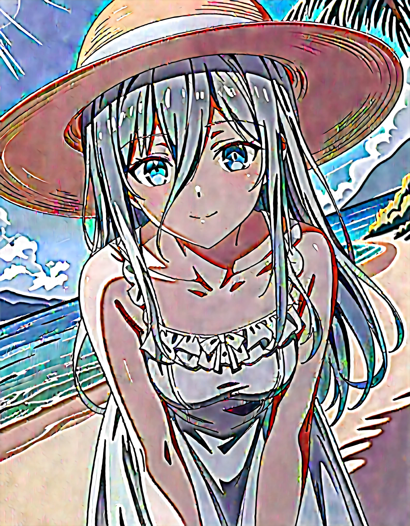 score_9, score_8_up, score_7_up, source_anime, reinamurasame, reina murasame, long hair, blue eyes, grey hair, hair between eyes, hat, dress, bare shoulders, collarbone, sleeveless, white dress, sleeveless dress, sun hat, sundress, outdoors, beach, bent over, smile, looking at viewer, solo, cowboy shot, dutch angle,