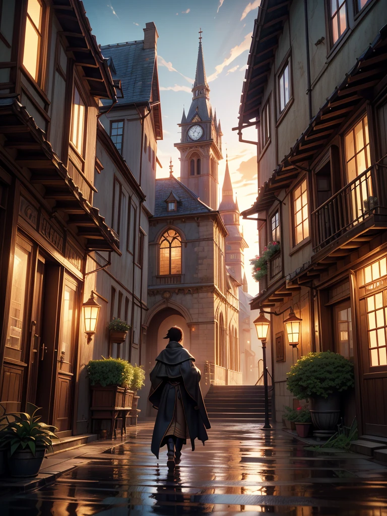 4K, Realistic, Very detailed, Wide-angle lens, Wet medieval town, Vibrant, Fantastic plants, Big House, Makoto Shinkai style, Anime Background, Concept Art, (Characters are not displayed), Realistic lighting, A magnificent composition, Spread, (masterpiece, Highest quality), Super HD, 32K --v 6