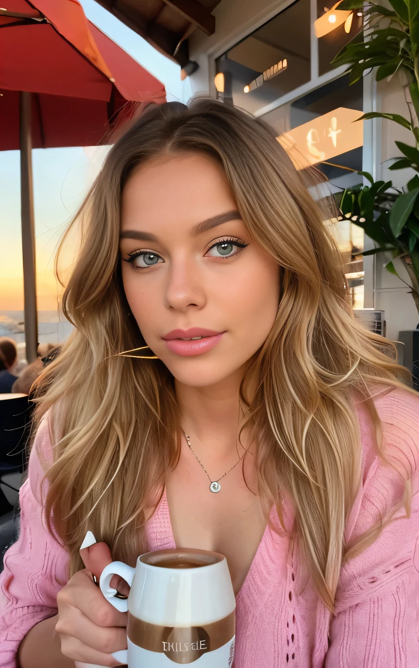belle blonde portant un pull rose (sipping coffee in a modern cafe at sunset), very detailed, 21 ans, visage innocent, natural wavy hair, blue eye, high resolution, head of&#39;artwork, best quality, intricate details, very detailed, sharpness, detailed skin, realistic skin texture, texture, detailed eyes, professionnel, 4K, charming smile, shot with 80mm camera, Grand fond de photo, photo turns the head slightly beautiful, kodak vision color mouse, corps parfaitement ajusté, extremely detailed, Photo_\(ultra\), photorealistic, realistic, Post-traitement, maximum detail, roughness, real life, ultra realistic, photorealism, la photographie, 8k uh, la photographie