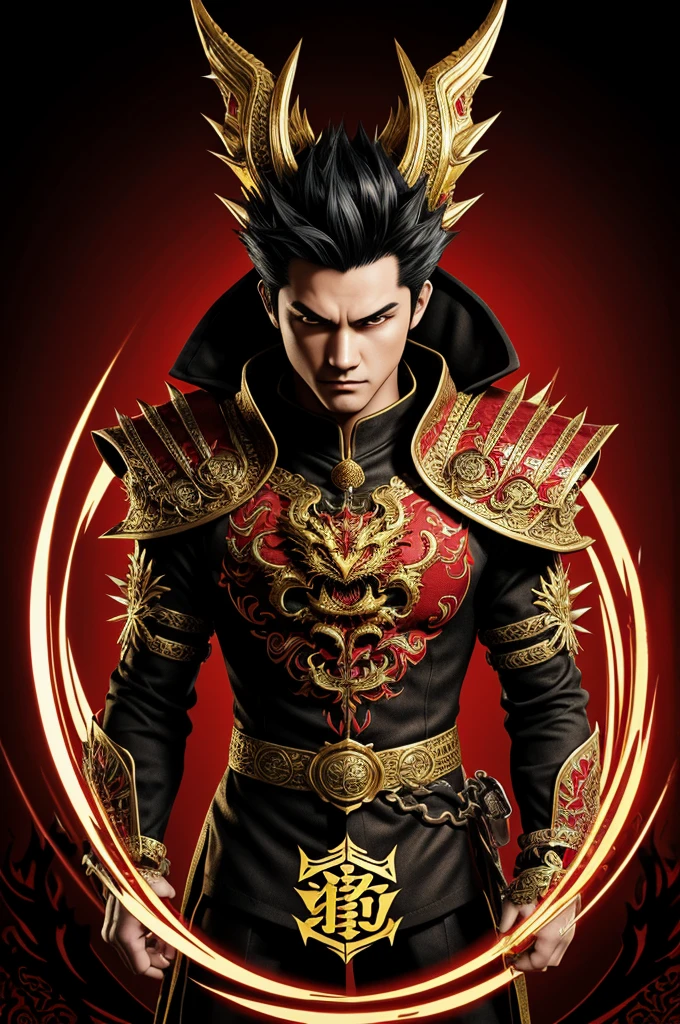 Highly stylized and detailed digital artwork featuring a central character with an anime-inspired appearance. The character has sharp facial features, pale skin, and striking red eyes. They have spiky black hair and are dressed in an elaborate outfit with intricate designs, including dragon motifs on the shoulders. The background is a circular, glowing red and gold emblem with two fierce, detailed dragons on either side. Important fact, at the bottom center, there is a bold, ornate text that reads 'Mr.Chan' in gold letters. The overall color scheme is dominated by red, gold, and black, creating a dramatic and intense visual effect. The image also includes a watermark in the bottom right corner with the text 'Giggle' and a small