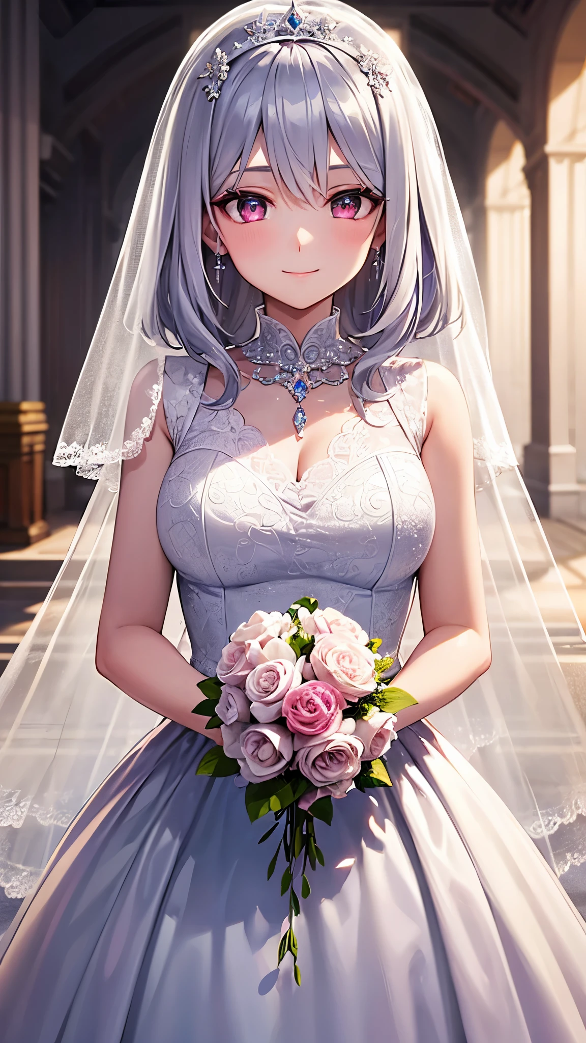 Highest quality, 8k, 4K, High resolution, High Contrast,1girl,only,Beautiful silver hair,(Beautifully detailed face), Clear pink eyes, beautiful eyes, A gentle expression of love, smile, Moderate bust, 20generation, Diamond Rings, Beautiful Gems, White and silver based, Precise and beautiful scenery, Ceremony venue, Wedding dress