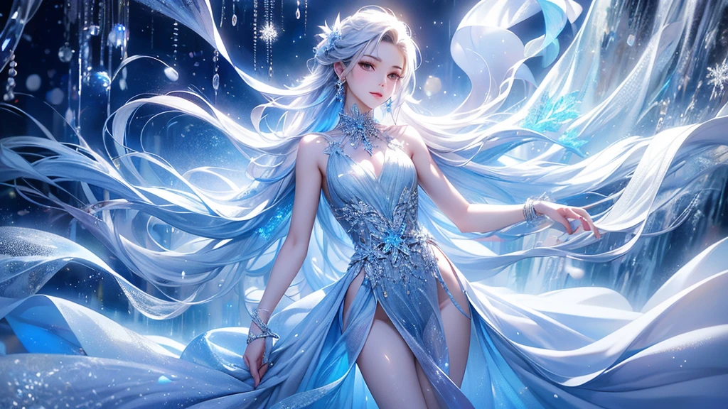 (1/2 photos:1.5)wood, Exquisite mini ice spikes and crystals, A frozen waterfall in the background, Light reflected by ice crystals, Flowing snowflakes.1 girl、pretty girl,A realistic person,((small breasts)),Thin legs、Tight waist、standing