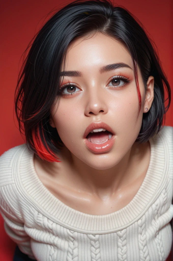 ,score_9,score_8_above,score_7_above, 20 years, 8k, High Definition, beautiful girl, black hair with highlights, short hair, straight hair, open mouth,
1 girl, detailed face, beautiful woman face, sweater, Red background, looking at the viewer,