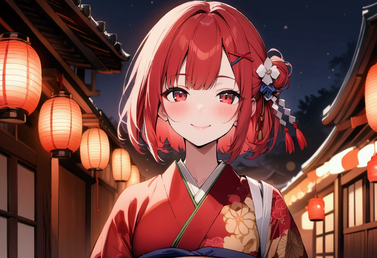 short hair, (Red hair:1.2), x Hair ornament, Red eyes,girl,One person,kimono, Highest quality, masterpiece, High resolution,night、Japan、Japanese style、smile