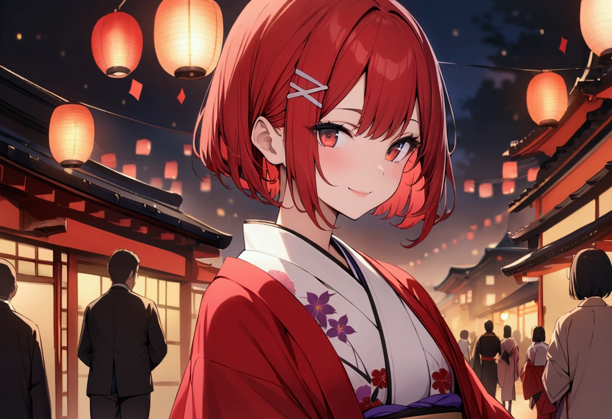 short hair, (Red hair:1.2), x Hair ornament, Red eyes,girl,One person,kimono, Highest quality, masterpiece, High resolution,night、Japan、Japanese style、smile