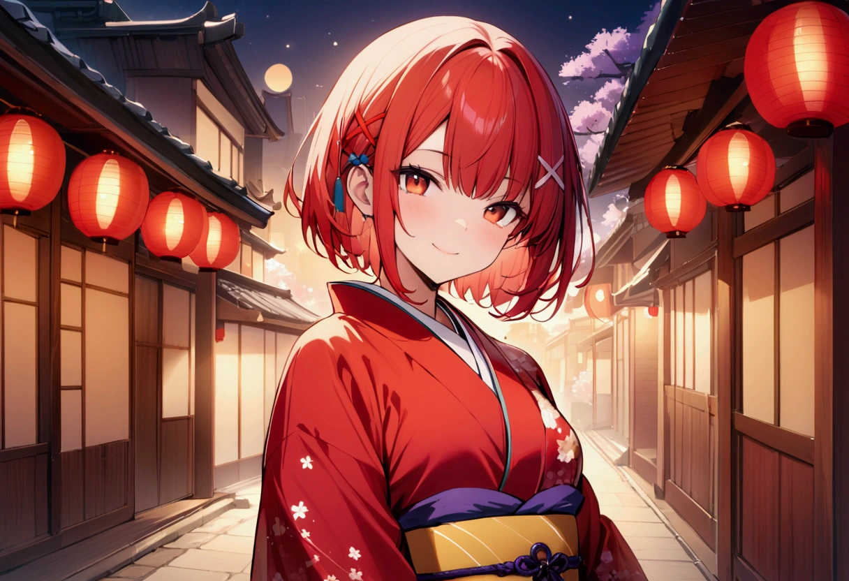 short hair, (Red hair:1.2), x Hair ornament, Red eyes,girl,One person,kimono, Highest quality, masterpiece, High resolution,night、Japan、Japanese style、smile