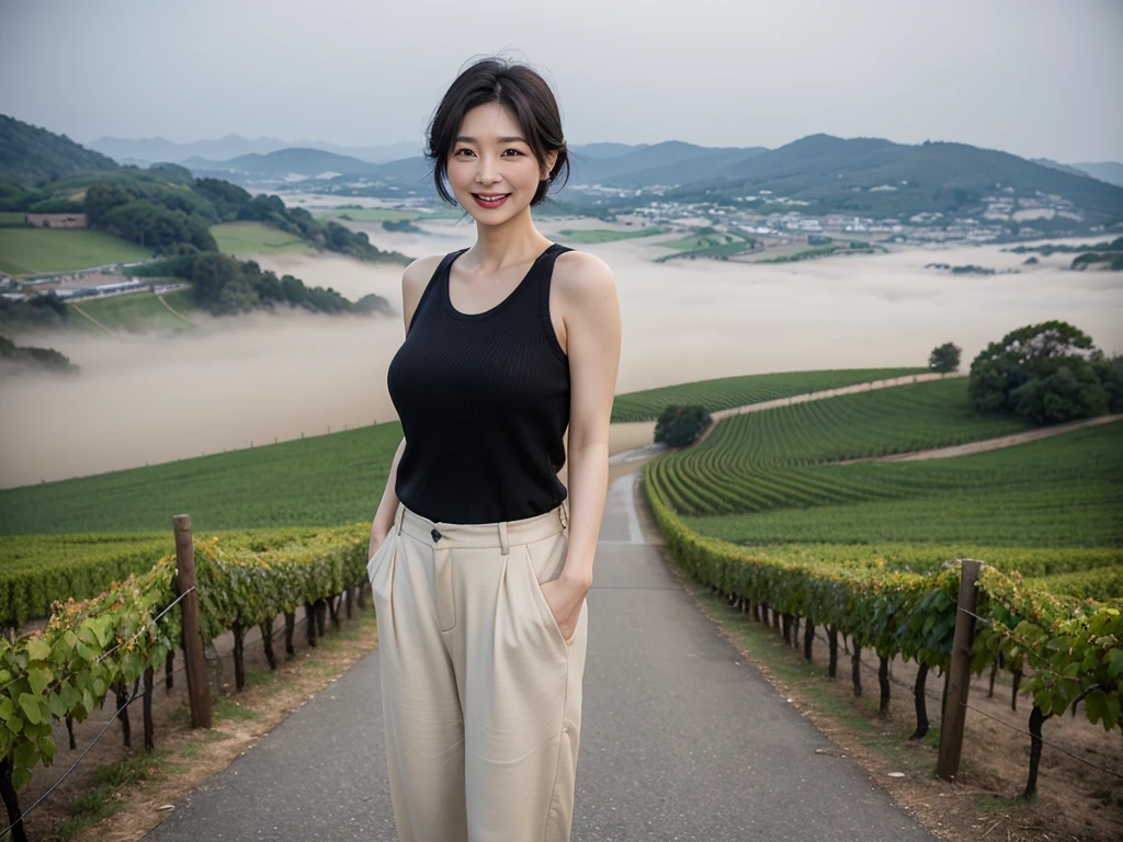 portrait、8k、high quality、realistic photo image、49 year old Korean woman, a chaste woman, Wrinkles around the eyes, Slender and beautiful woman, Reproduce natural and realistic eyes、beautiful black hair, short medium hair、mild anger、Composition of the Golden Ratio、laugh、High-end luxury brand tank top knit , beige casual pants 、france countryside dawn, thick fog in may, Endless vineyard, standing on a foggy hill, A cathedral can be seen far away in the fog.. 1 woman, beige casual pants, Canon 16-35 wide angle lens shot, 1 woman