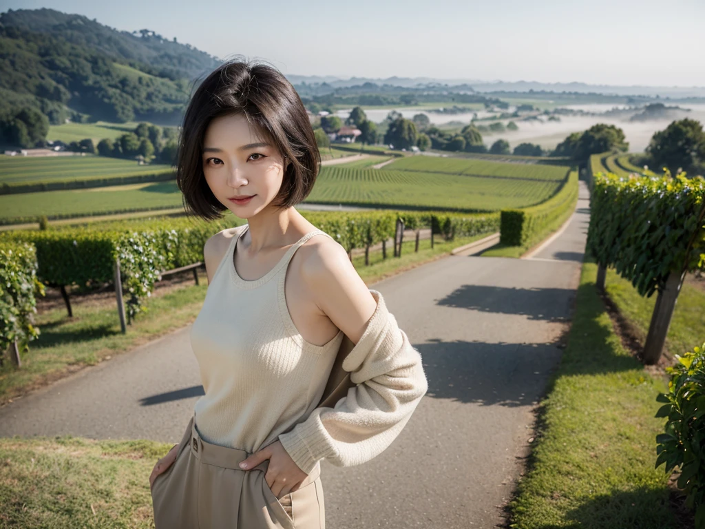 portrait、8k、high quality、realistic photo image、49 year old Korean woman, a chaste woman, Wrinkles around the eyes, Slender and beautiful woman, Reproduce natural and realistic eyes、beautiful black hair, short medium hair、mild anger、Composition of the Golden Ratio、laugh、High-end luxury brand tank top knit , beige casual pants 、france countryside dawn, thick fog in may, Endless vineyard, standing on a foggy hill, A cathedral can be seen far away in the fog.. 1 woman, beige casual pants, Canon 16-35 wide angle lens shot, 1 woman