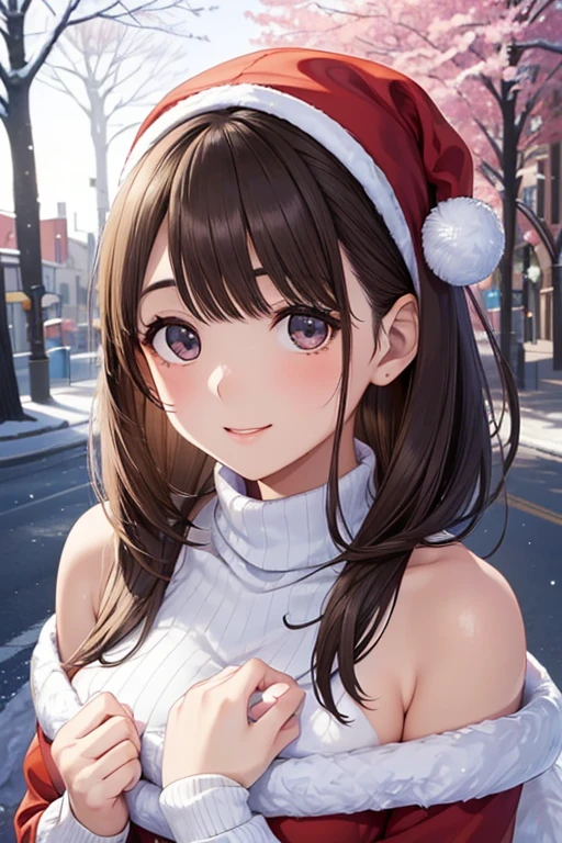 anegasaki nene、Shiny brown hair, short hair, (Beautiful brown eyes、Sparkling eyes, Fine grain)、smile、Ultra-detailed eyes、Highly detailed face, Highly detailed eyes,



(Tabletop:1.4, Highest quality、とてもキュートなsmileを持つ、Very attractive adult beauty:1.4、Add strong highlights to the eyes:1.4、Please look closely at the camera、Place your right hand on your chest、A beautiful woman with adult charm:1.4),One Girl, solo, light brown shiny hair, Scarf,Santa Claus is:1.4,Realistic, Looking at the audience, 
, Short shiny hair, Santa Claus Star Neck Knit、 A red and white Santa Claus costume with a turtleneck and a round hole in the center of the chest:1.4,Sexy red and white turtleneck knit sweater with round hole in the center of chest:1.4、 
 Lip gloss:1.4，, Upper body、Big eyes、Eyelashes、Face is a little red:1.4、Embarrassing)、
 ((Canada's tree-lined streets in winter:1.4))、Big eyes、Give students a very strong highlight:1.4、
 Staring at the audience、Very beautiful beauty、Listen carefully:1.4、Long neck:1.4、Smile a little、Beautiful Teeth、Open your mouth and laugh:1.4))、28 years old:1.4、