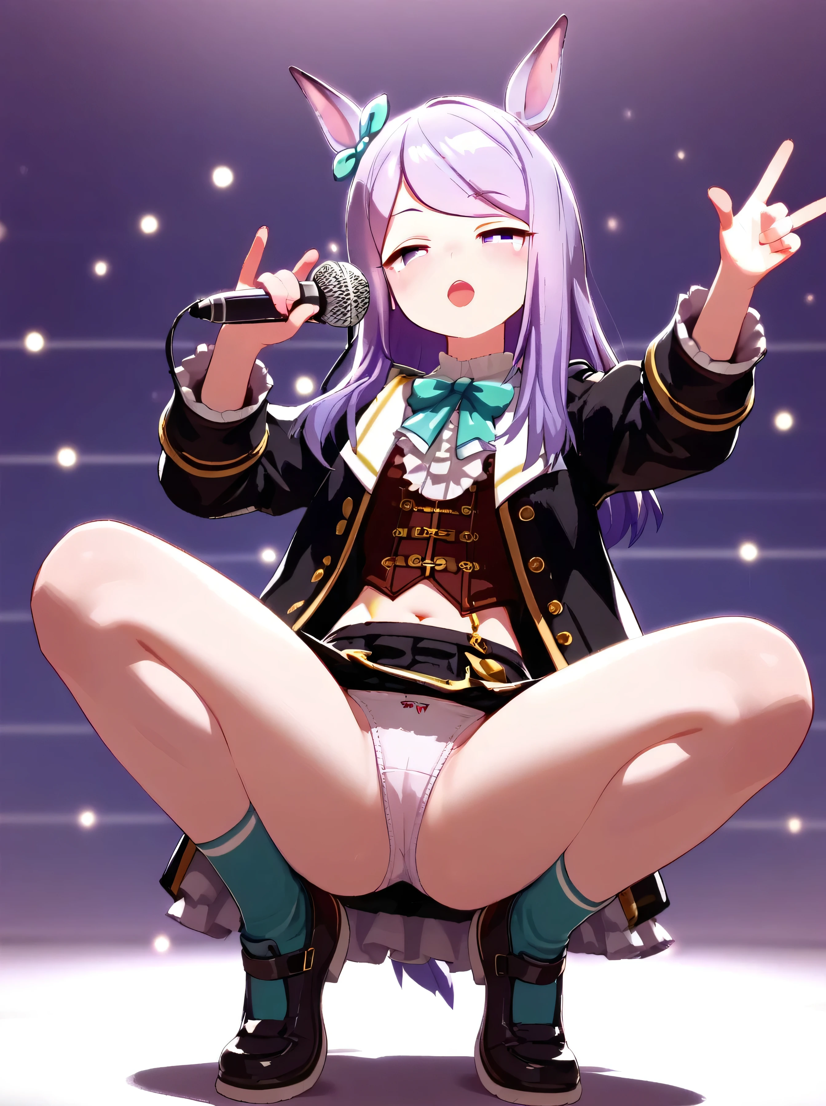 score 9, score 8 up, score 7 up, rating questionable,
detailed background,
mcqueen, black jacket,mini skirt,
wide hips, shiny,
holding microphone, singing, half-closed eyes, light blush,(ARW,Sit with legs apart,M-shaped legs).squatting,spread legs,knees up,i can see latex panties
