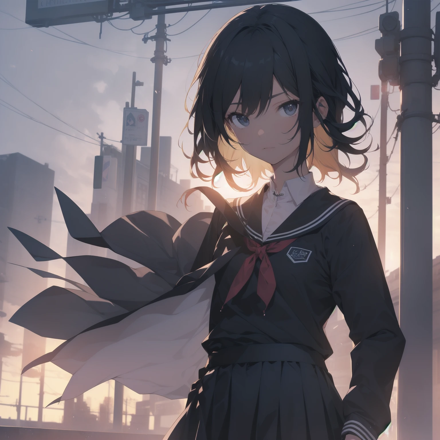 ultra-absurdres-Top quality by artist God, ultra-detailed, high resolution, anime moe artstyle, best anime 8k konachan wallpaper, pixiv contest winner, pool:2810, perfect anatomy,break, 1girl, (Please draw a girl walking sleepily to school alone. )break,(Solo,little female, 13-year-old:1.3),Full limbs, complete fingers,a junior high school student, (very short hair), short cut, flat chest, , small butt, small black eyes, beautiful detailed eyes, well-proportioned iris and pupils, expressive eyes, highres detailed hair, soft expression, salor school_uniform, sailor collar, serahuku, bow, pleated skirt,(Detailed Lighting), (Detailed background), in the School commute route. break,super detailed skin, Best cinematic lighting powered by famous artist, 8k,beauty illustration,photoshop_(medium),very aesthetic,break,((artist:horosuke )), artist:clamp ,artist:carnelian ,artist:kantoku ,
