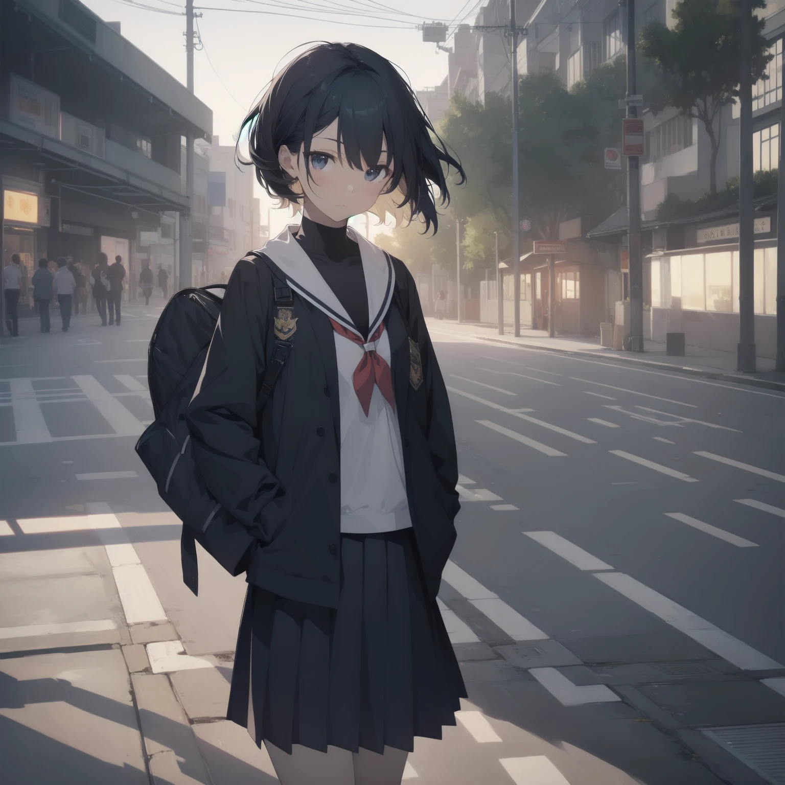 ultra-absurdres-Top quality by artist God, ultra-detailed, high resolution, anime moe artstyle, best anime 8k konachan wallpaper, pixiv contest winner, pool:2810, perfect anatomy,break, 1girl, (Please draw a girl walking sleepily to school alone. )break,(Solo,little female, 13-year-old:1.3),Full limbs, complete fingers,a junior high school student, (very short hair), short cut, flat chest, , small butt, small black eyes, beautiful detailed eyes, well-proportioned iris and pupils, expressive eyes, highres detailed hair, soft expression, salor school_uniform, sailor collar, serahuku, bow, pleated skirt,(Detailed Lighting), (Detailed background), in the School commute route. break,super detailed skin, Best cinematic lighting powered by famous artist, 8k,beauty illustration,photoshop_(medium),very aesthetic,break,((artist:horosuke )), artist:clamp ,artist:carnelian ,artist:kantoku ,