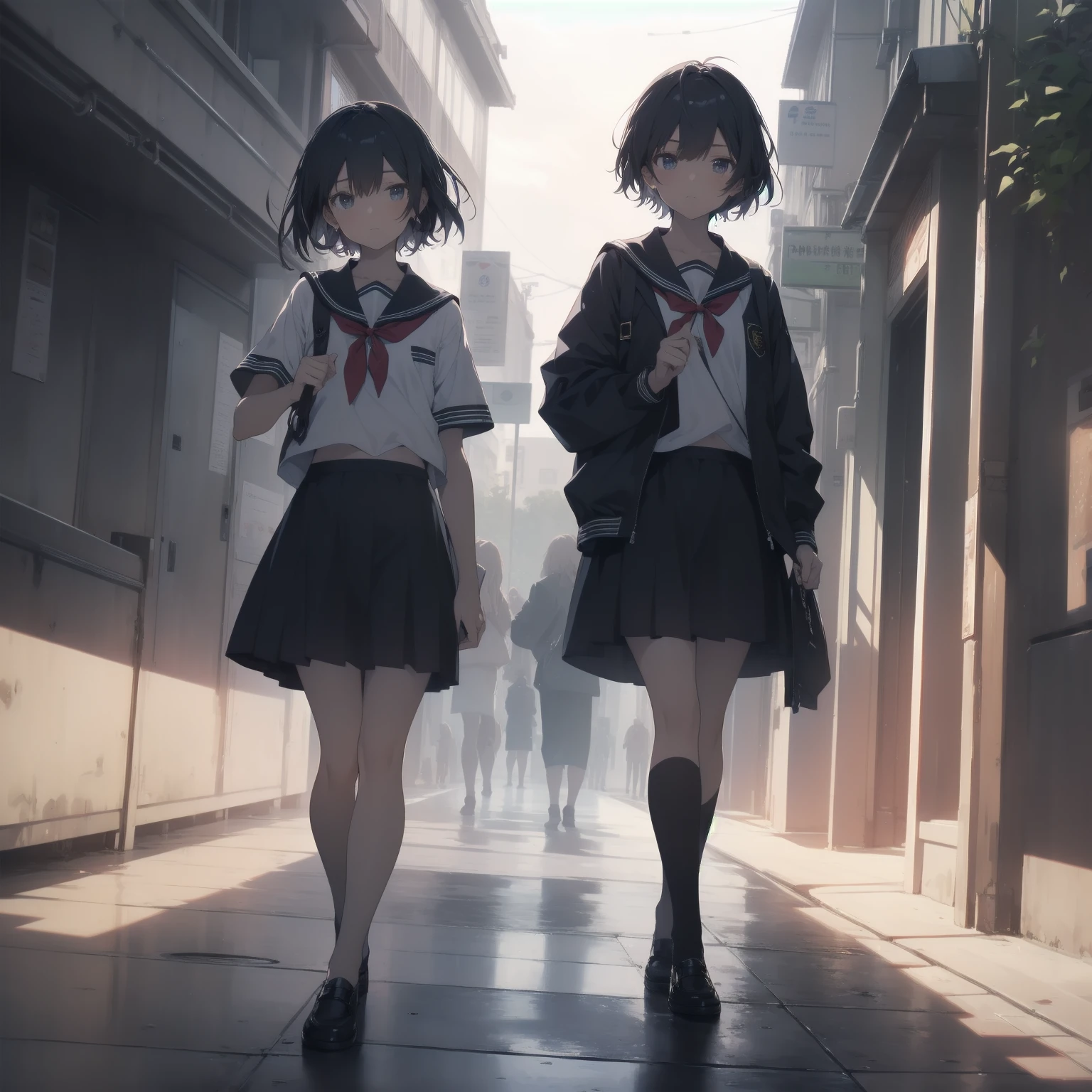 ultra-absurdres-Top quality by artist God, ultra-detailed, high resolution, anime moe artstyle, best anime 8k konachan wallpaper, pixiv contest winner, pool:2810, perfect anatomy,break, 1girl, (Please draw a girl walking sleepily to school alone. )break,(Solo,little female, 13-year-old:1.3),Full limbs, complete fingers,a junior high school student, (very short hair), short cut, flat chest, , small butt, small black eyes, beautiful detailed eyes, well-proportioned iris and pupils, expressive eyes, highres detailed hair, soft expression, salor school_uniform, sailor collar, serahuku, bow, pleated skirt,(Detailed Lighting), (Detailed background), in the School commute route. break,super detailed skin, Best cinematic lighting powered by famous artist, 8k,beauty illustration,photoshop_(medium),very aesthetic,break,((artist:horosuke )), artist:clamp ,artist:carnelian ,artist:kantoku ,
